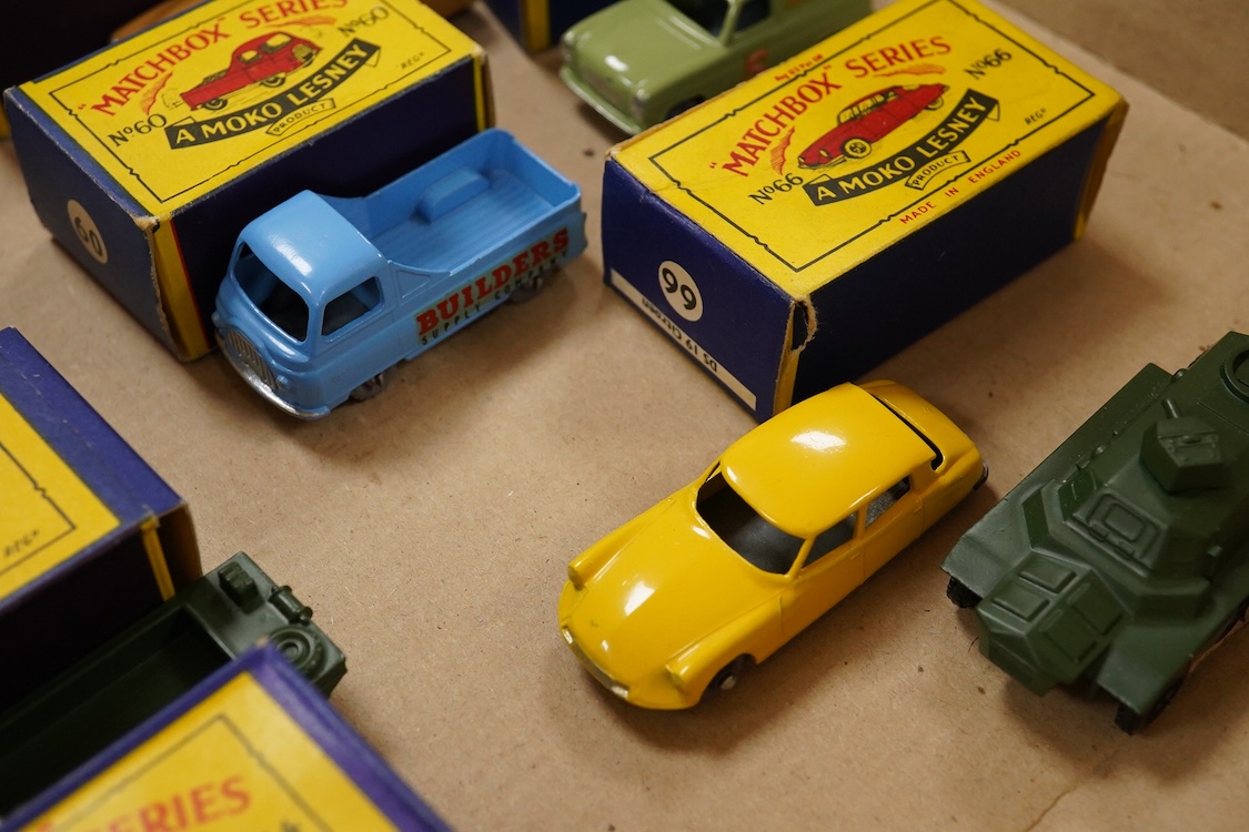 Eleven boxed Matchbox Series 1-75 regular wheels vehicles; 46; Morris Minor, 48; Meteor sports boat and trailer, 50; Commer pick-up truck (creasing to one end of the box), 54; Saracen personnel carrier, 55; DUKW amphibia